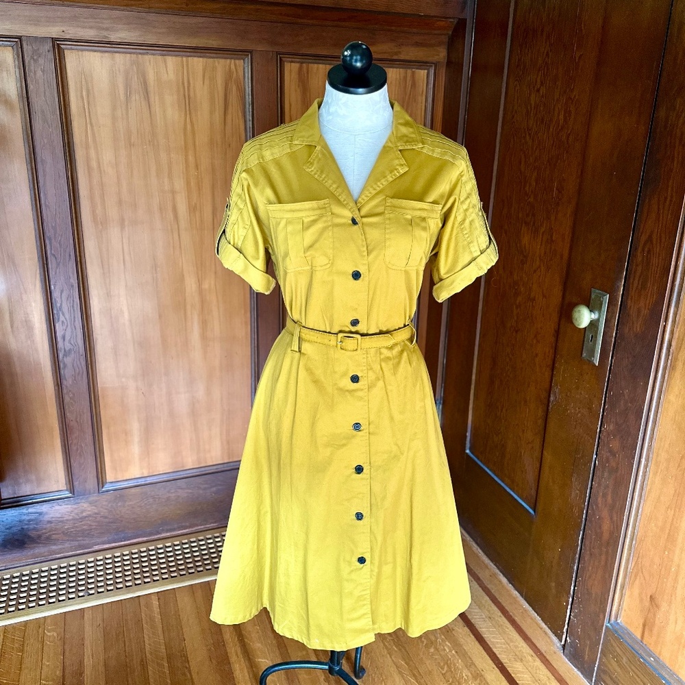 Tatyana Retro Belted Bowling Shirtwaist Dress in Mustard Yellow Anchor Nautical
